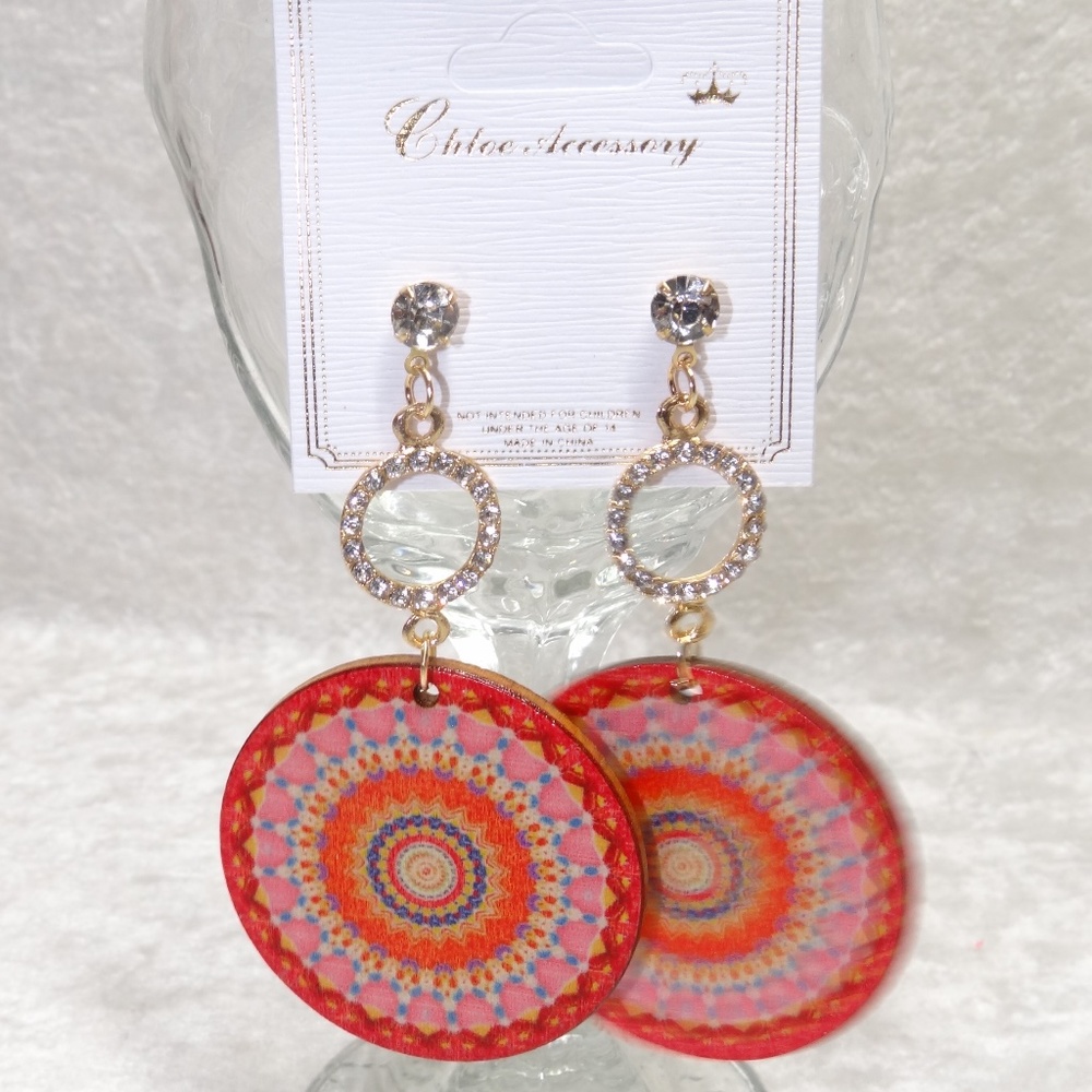 BOHO Round Wood Crystal Earrings Orange Gold Tone - Picture 1 of 2
